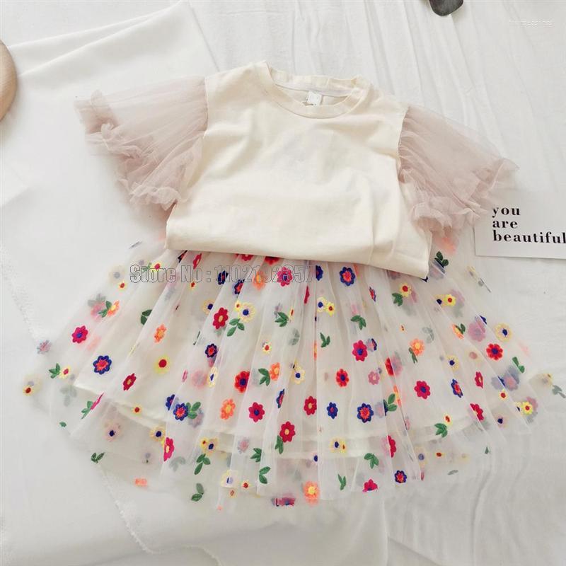 

Clothing Sets Summer Girls Lace Flying Sleeves Jacket Embroidered Mesh Skirt 2pcs Suit Princess Baby Kids Children, Photo color