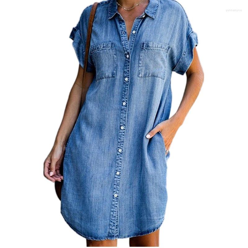 

Party Dresses Summer Women Denim Dress Single Breasted Patch Pocket Washed Shirt Loose Causal Short Sleeve Cotton Vintage Ladies, Blue