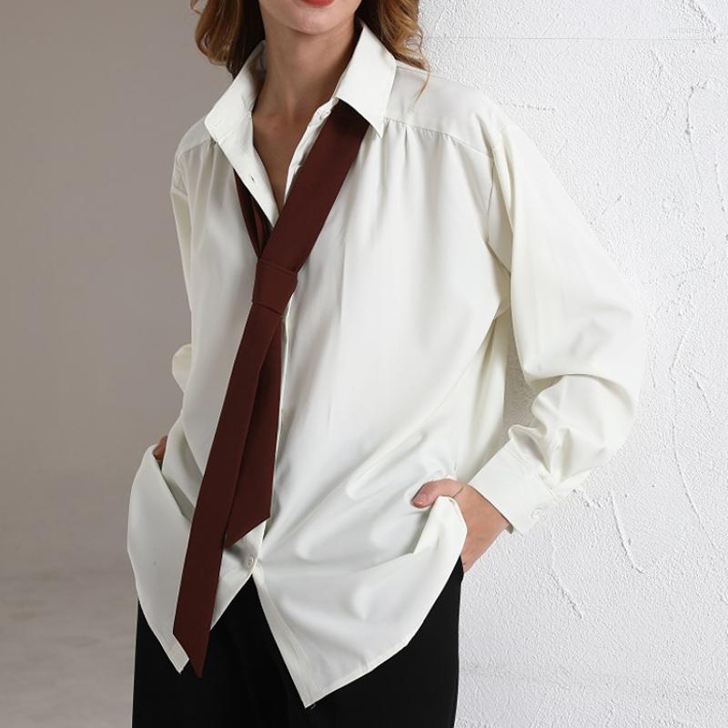 

Women' Blouses DUOFAN Spring Minimalist Long Sleeve Button Up Shirt Women Solid Tie Oversize Shirts Blouse Loose Clothes Tops 2023, White add tie