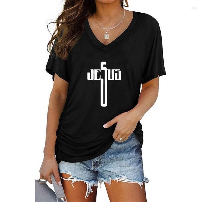 

Women' T Shirts 2023 Summer Women' T-shirt Jesus Cross Letters Print V-Neck Short Sleeve Tops Batwing Loose Femme Casual, Black