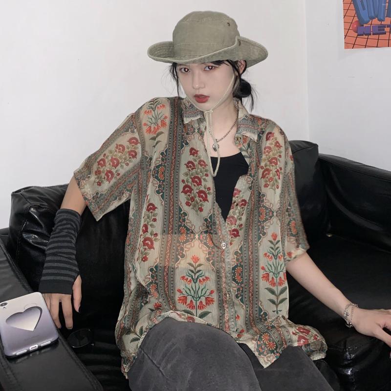 

Women's Blouses Chiffon Shirt Women 2023 Summer Korean Version Ins Retro Flower Printed Loose Bf Short-sleeved Sunscreen Top Tide, Photo color