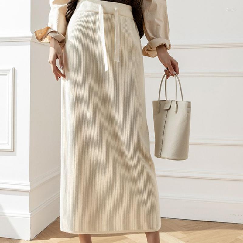 

Skirts Drawstring Knitted Skirt Women' Autumn And Winter High Waist Wrap Hip Slim Back Split Mid Length Straight, Coffee