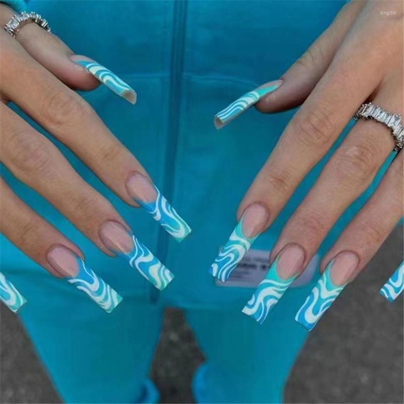 

False Nails Blue White Wavy Fake With Designs Long Ballerina Nail Tips French Coffin Set Press On Wearable Manicure, 01