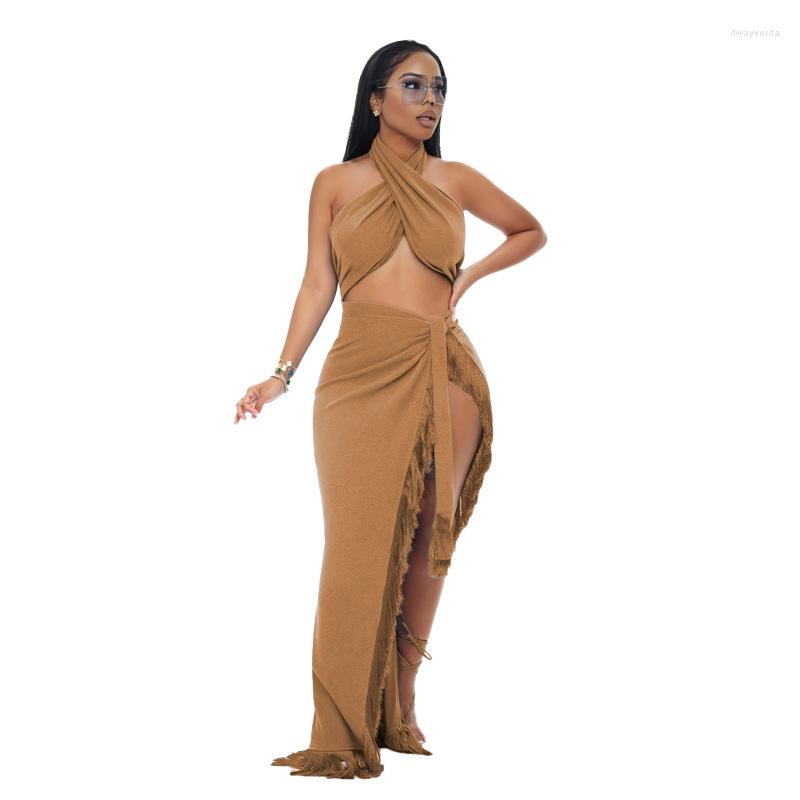 

Casual Dresses Solid Two Piece Set Dress For Women Cross Halter Vest Crop Top Lace Up Bandage High Split Tassel Maxi Skirts Female Party, Black
