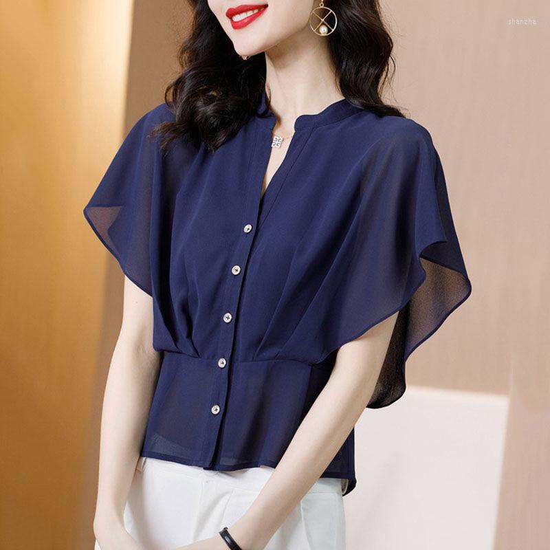 

Women's Blouses Women Red Blue Chiffon Blouse Summer Bue Short Sleeve Oversized Woman Tops Fashion Tight Waist Shirts Blusas Mujer