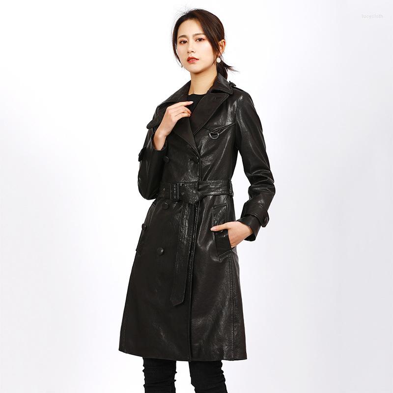 

Women' Leather 2023 Spring Sheep Vegetable Tanned Coat Windbreaker Medium Long Women, Black