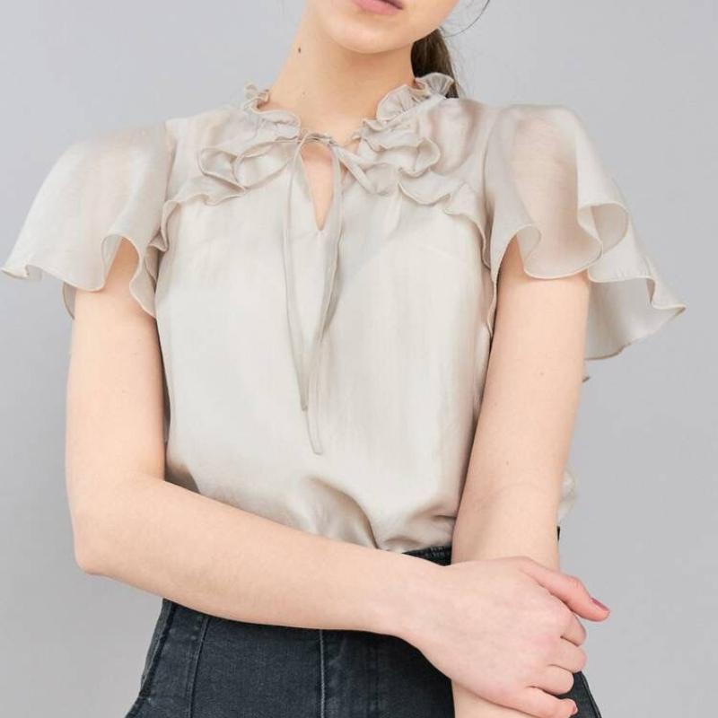 

Women's Blouses & Shirts Neck Drawstrig Edible Tree Femme Elegant Temperament Ruffles Short Sleeve Tops Summer Blusas MujerWomen's Women'sWo, White