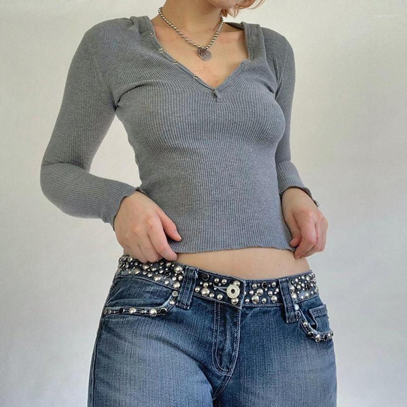 

Women' T Shirts Combhasaki Women Y2k Vintage Grunge Punk Long Sleeve Cropped Tops Retro Goth Solid Color Ribbed V-Neck Hood Slim Fit, Gray