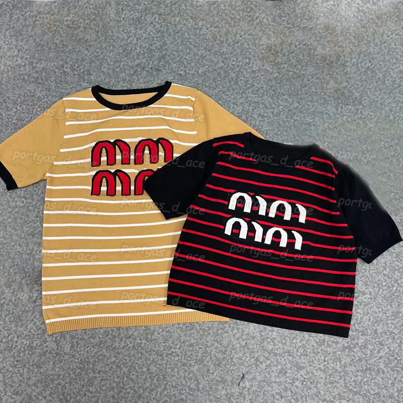 

Striped Women T Shirts Short Sleeve Knit T Shirt Vintage Fashion Round Neck Jumper Tops 2 Colors, Yellow with label~