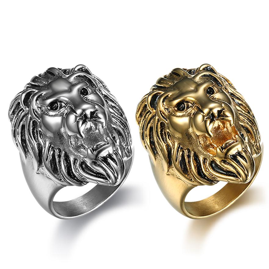 

Handsome Punk 316L Stainless Steel two colors Golden and Black Big Lion Head Ring Cool Men Animal Ring269I