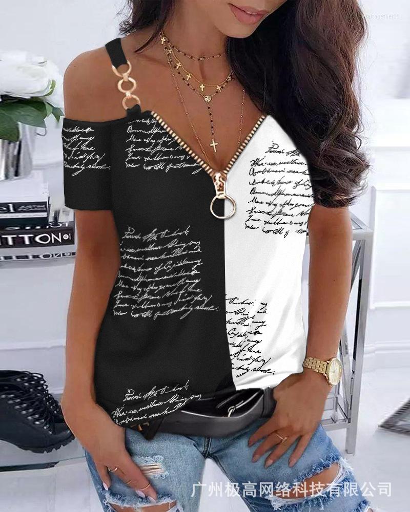 

Women's T Shirts Zipper V Neck Summer Shirt TShirt Tee Rhinestone Decor Cold Shoulder Top Short Sleeve Casual Fashion Y2K, Oyy5699a