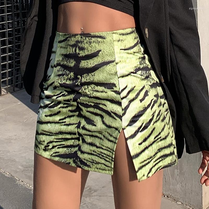 

Skirts Women Summer Green Tiger Printed Package Hip Skirt Slim 2023 Sexy Open Fork Split Mini Short Streetwear Female Clothing