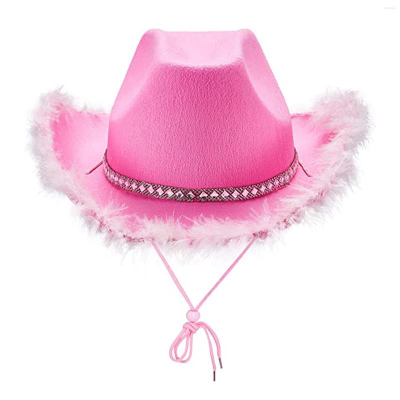 

Berets Western Style Cowboy Hat Pink Women Decor Cowgirl Costume White Men Feather Crystal Beaded Fedoras Outdoor Wide