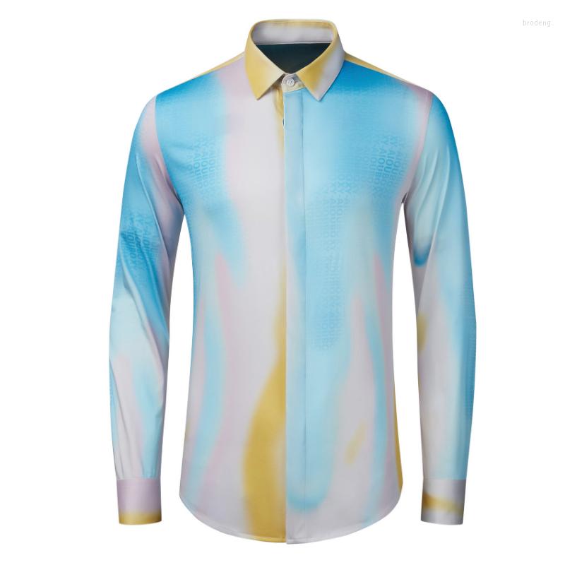 

Men's Casual Shirts Minglu Cotton Men's Luxury Graduated Color Blue Letter Digital Printing Party Slim Fit Male Dress 4XL