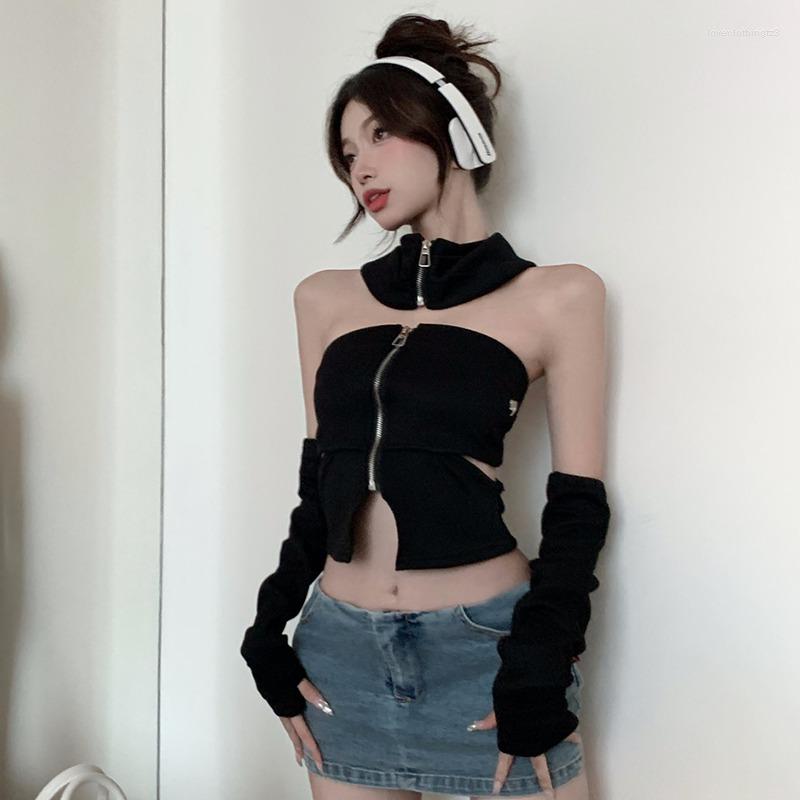 

Women' T Shirts Hollow Zipper Knitted Crop Top With Sleeves High Street Sexy Backless Irregular Solid Color Camisole Women