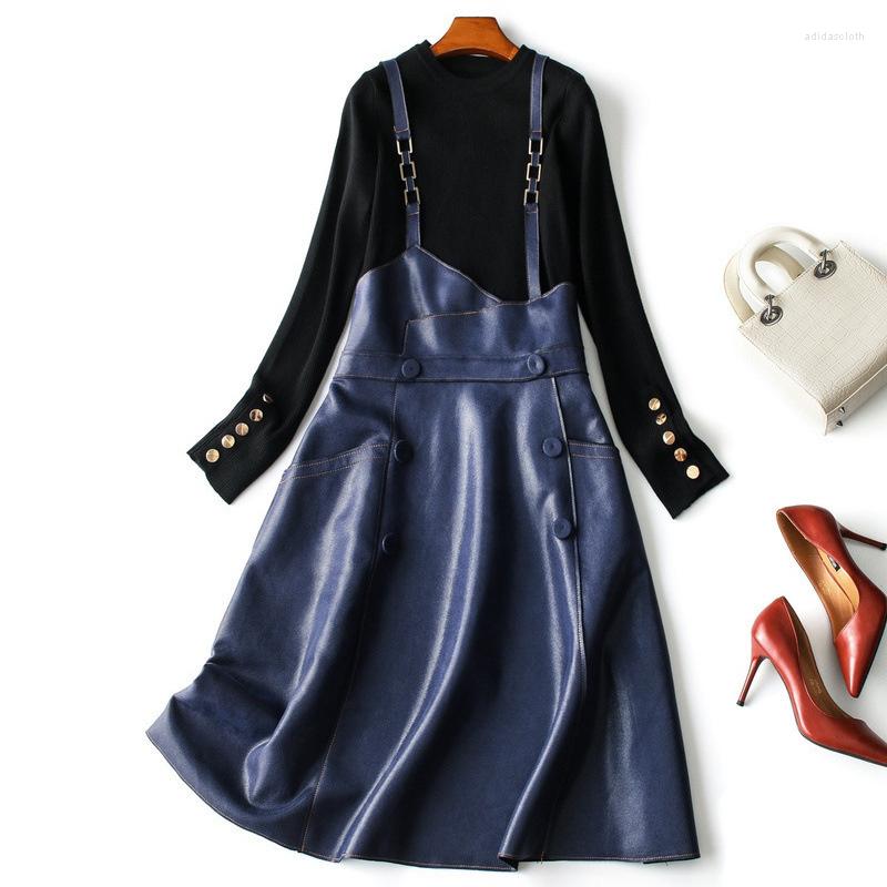 

Women' Two Piece Pants 2023 Spring European Fashion Suede Strap Dress Set Western-style Age-reducing, Black navy