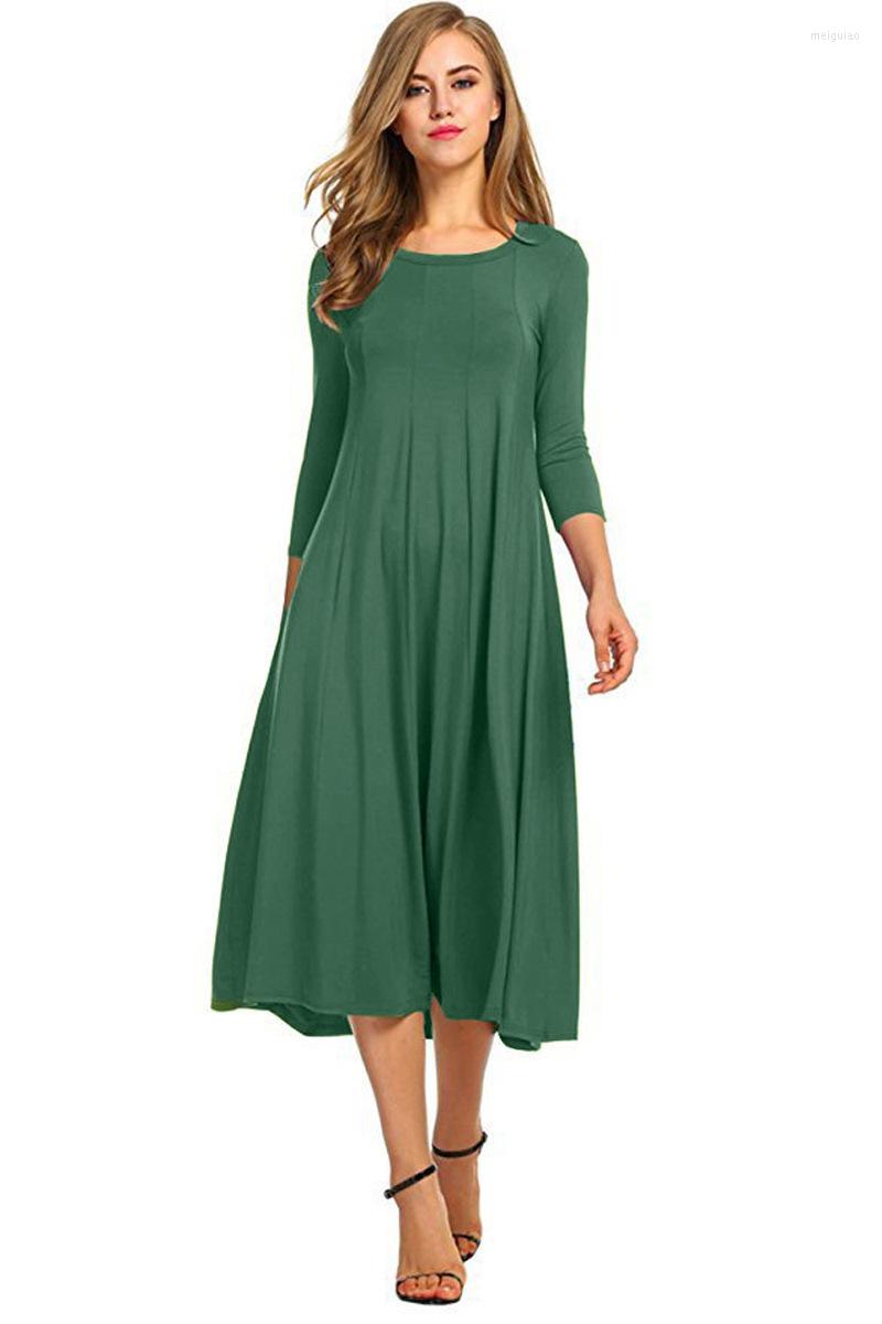 

Casual Dresses 2023 Womens Long Sleeve Round Neck Plain T-Shirt Dress Solid Color Pleated Swing Loose Pullover Streetwear With Pockets, Beige