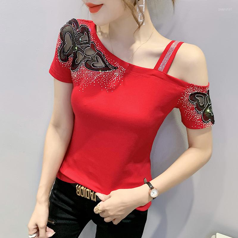 

Women's T Shirts 2023 Summer Women's T-Shirt Fashion Sexy Hollow Out Drilling Top Female Elegant Slim Off Shoulder Blusas, Black