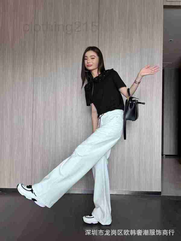 

Women' Two Piece Pants Designer Small chain two-color wide leg denim trousers for women with retro design temperament J7G9, White2