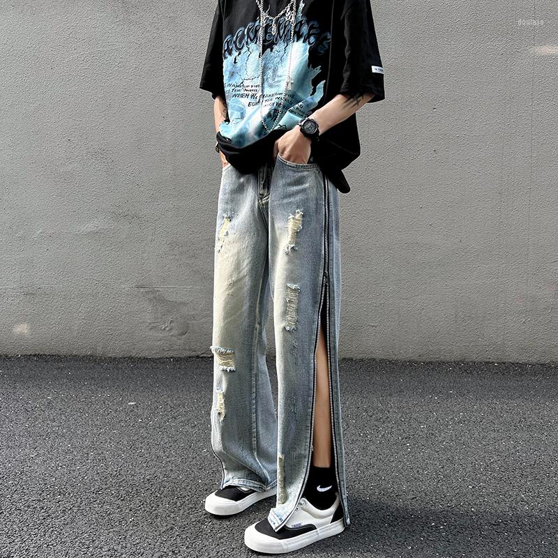 

Men's Jeans Japan Style Long Zipper Ripped Hole Denim Pants Men Straight Casual Trousers Trend Spring Summer High Street Jean, Blue
