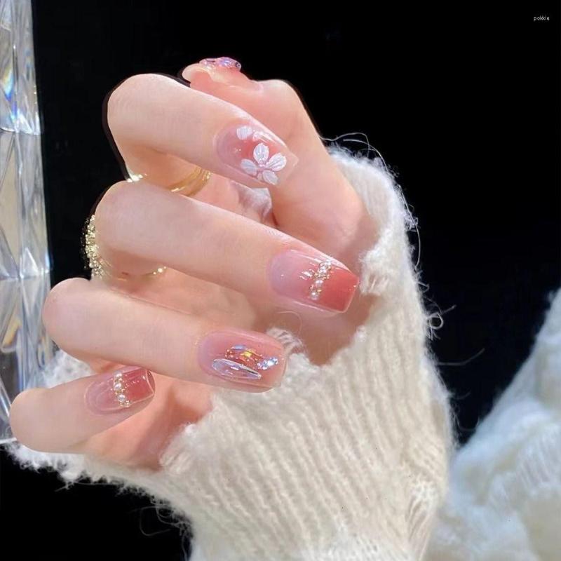 

False Nails 24pcs Nail Tips Flower Press On Full Cover Short Fake French Square, Dz085