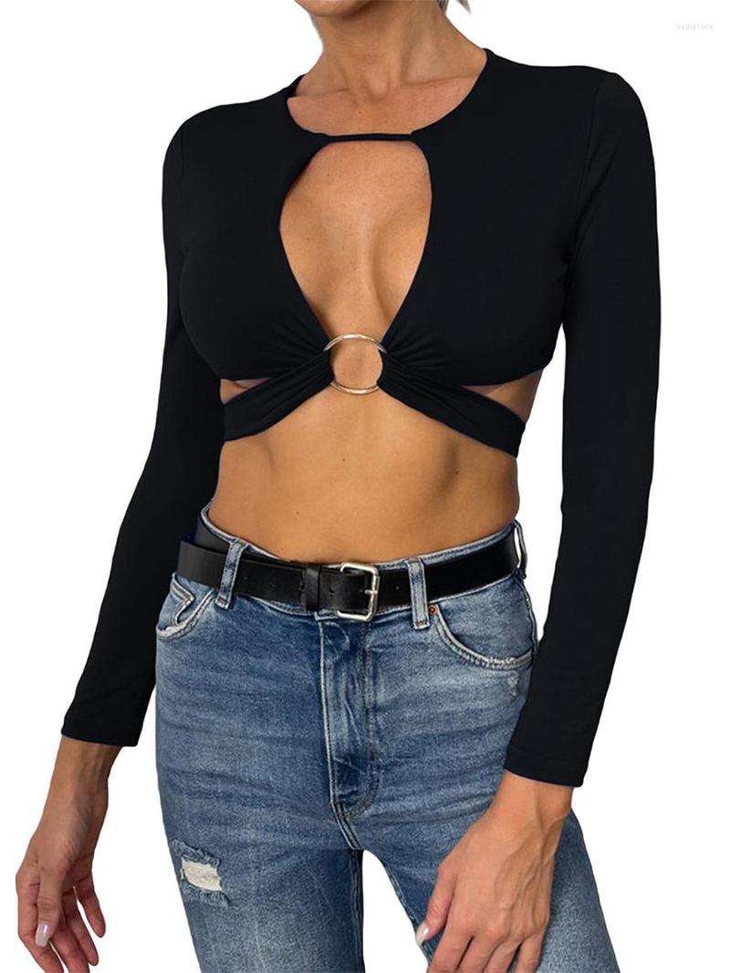 

Women' T Shirts Y2k Clothes T-shirts For Women Solid Color Crop Tops Long Sleeve Hollow Back Bandage Casual Party Streetwear, Black