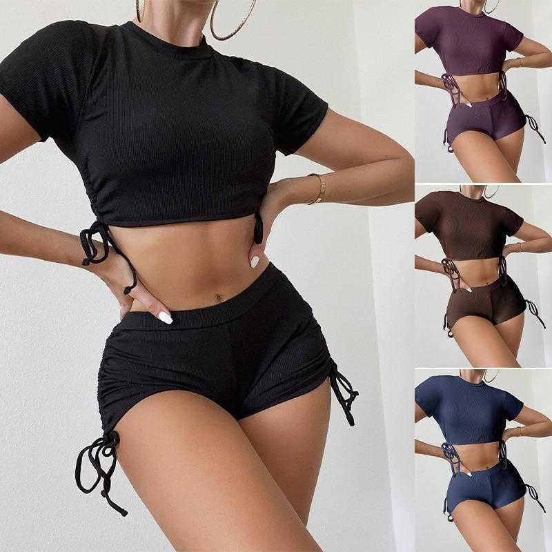 

Lace Up Short Sleeve Womens Swimsuit Boxer High Waist Triangle Spring Bikini, Reddish brown