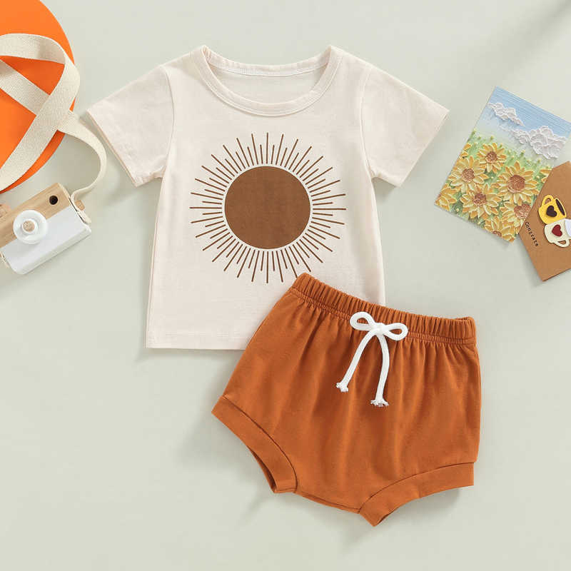 

Sets Summer Infant Baby Boys Outfit Cute Set Sleeve Sun Print Tshirt Elastic Waist Shorts Kids Two Piece Clothing Suit, Beige