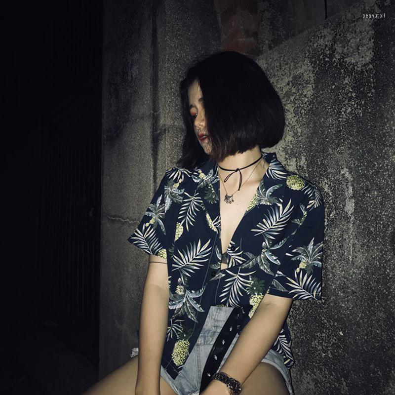 

Women's T Shirts Women Vintage Harajuku Blouse Leaves Printed Korean Short Sleeve Casual Blusas Beach Female V Neck, Blue