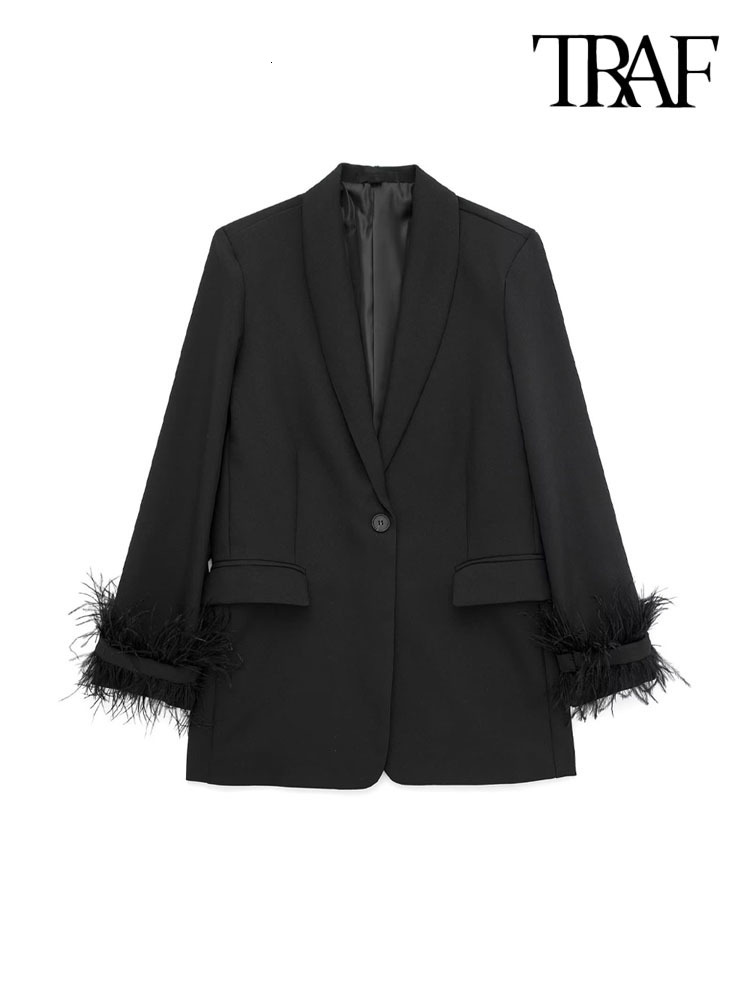 

Women' Suits Blazers TRAF Women Fashion With Feathers Front Button Blazer Coat Vintage Long Sleeve Flap Pockets Female Outerwear Chic Vestes 230213, Black