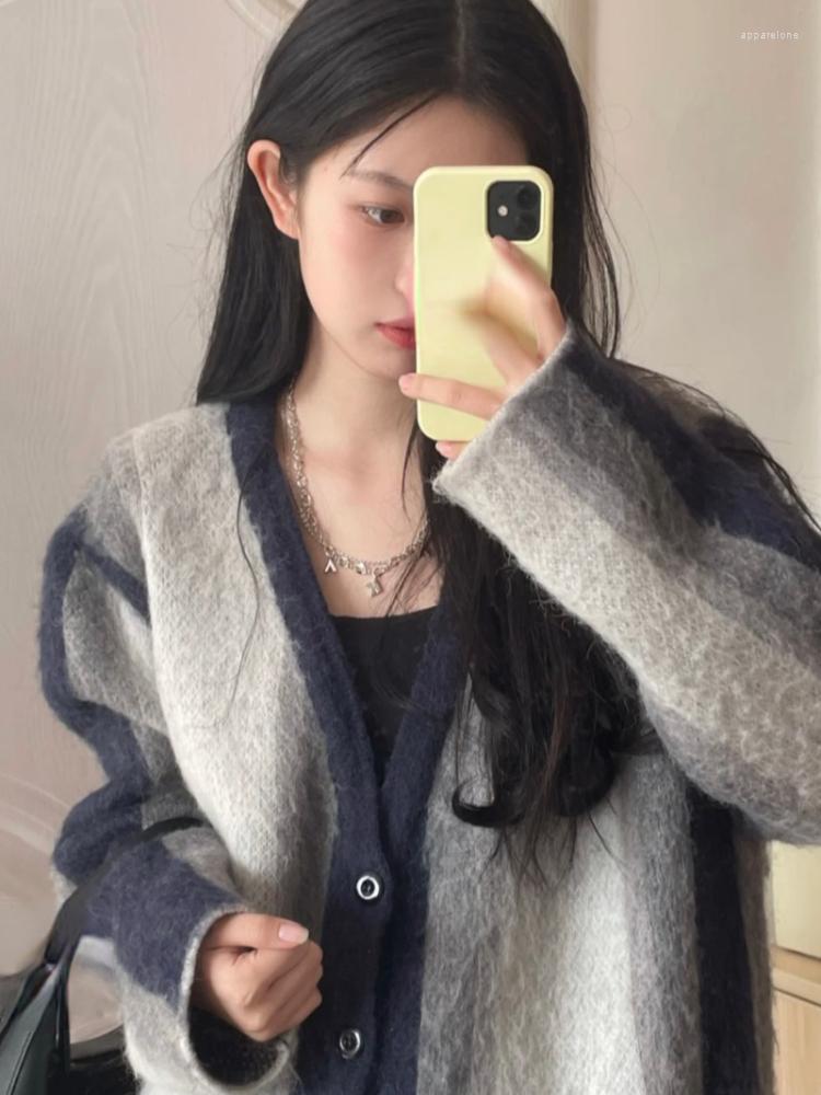 

Women' Knits Hooded Loose Casual Sweaters Harajuku Casacos Feminino Y2K Aesthetic Vintage Women Autumn Striped Cardigan Grunge Patchwork, As photo