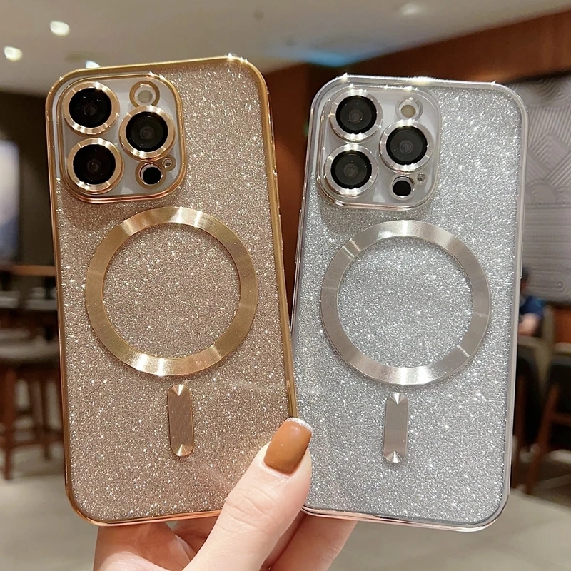 

Luxury Electroplate Magsafe Wireless Charge Phone Case For iPhone 14 13 12 11 Pro Max Plus 7 8 x xs max Soft Bumper Glitter Cover