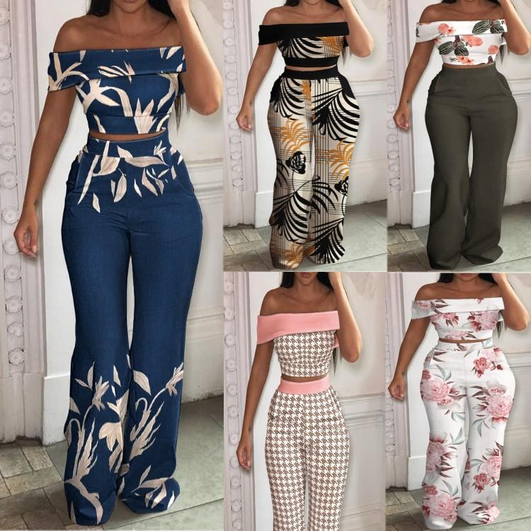 

Women' Two Piece Pants The Summer 2023 European And American Printed Off-the-shoulder Sexy Blouse High-waisted Wide-leg Trouser SuitWomen, White