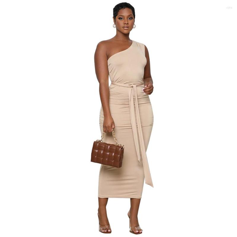 

Casual Dresses Fashion Sloping Shoulder Slim Waist Solid Color Bodycon Dress African Clothing For Women Summer Sleeveless Midi Vestidos, Black