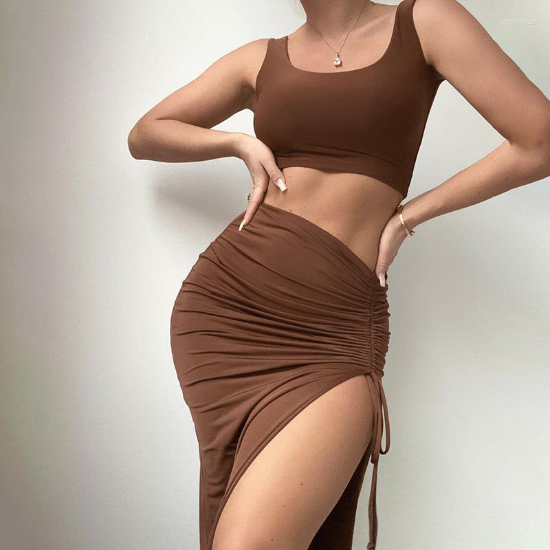 

Work Dresses Women 2 Piece Set Fitness Solid Crop Vest High Slit Bodycon Skirt Matching 2023 Summer Sexy Club Party, Dark brown