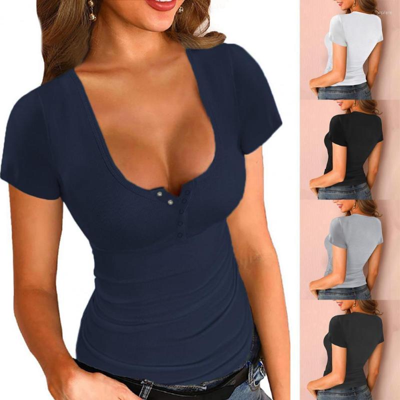 

Women's T Shirts Pullover Breathable Women T-shirt Sexy Solid Color Stylish U Neck Low Cut Slim, Navy blue