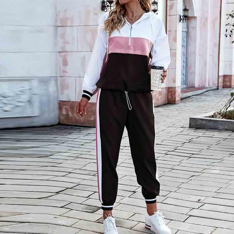 

Women' Two Piece Pants Set Tracksuit Hooded Contrast Color Pullover Long Sleeved Hoodie Trousers Sweatershirt 2023 Autumn Sport, Black and white