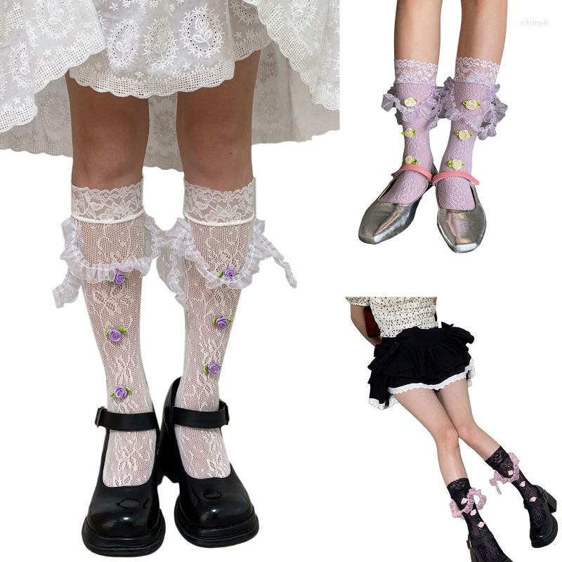 

Women Socks Japanese Lace Stockings 1 Pair Flower Hollow Summer Mesh Thin Pile For Teenager Girl Female Breathable Sock, Black