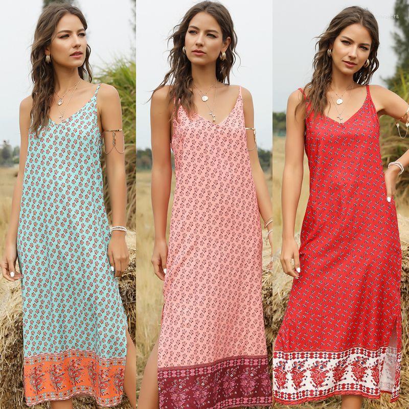 

Casual Dresses Summer Sexy Spaghetti Strap V Neck Dress Women 2023 Print Sleeveless Bohemian Long Slim Sling Ladies Boho, Green
