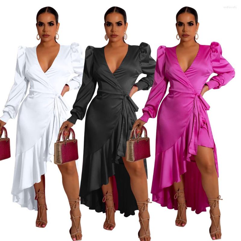 

Casual Dresses Solid Ruffles Asymmetrical Maxi Party Satin Dress Women Sexy Silky Glossy Deep V Neck Long Sleeve Lace Up Hi Low, Black