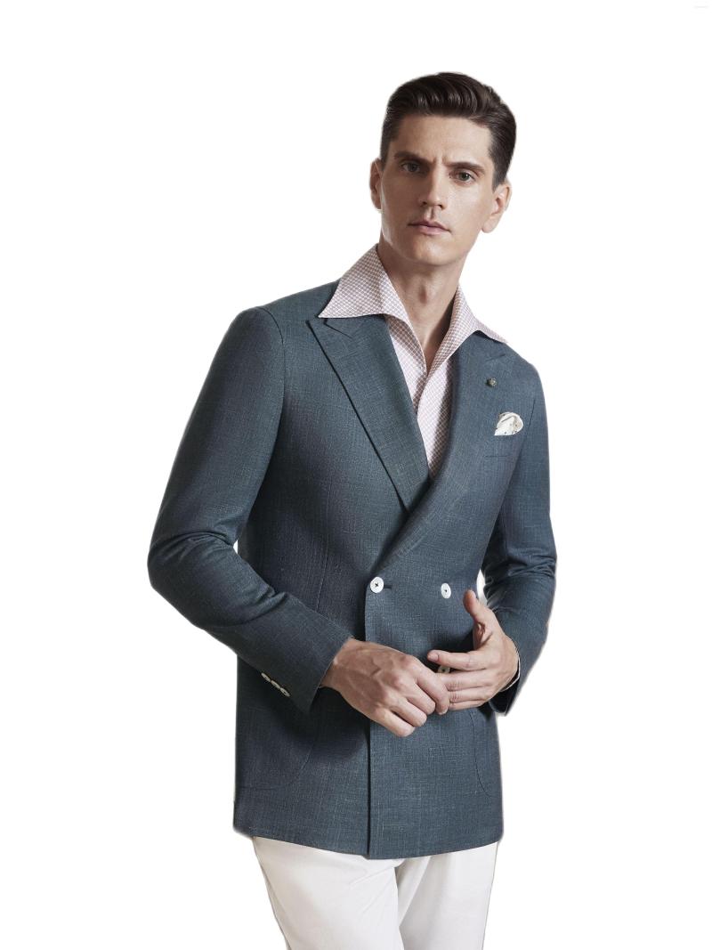 

Men's Jackets Luxury Italian Fabric Custom Made Blazer Forest Green Bespoke Double Breasted Men Jacket No Canvas Padding Comfortable Style