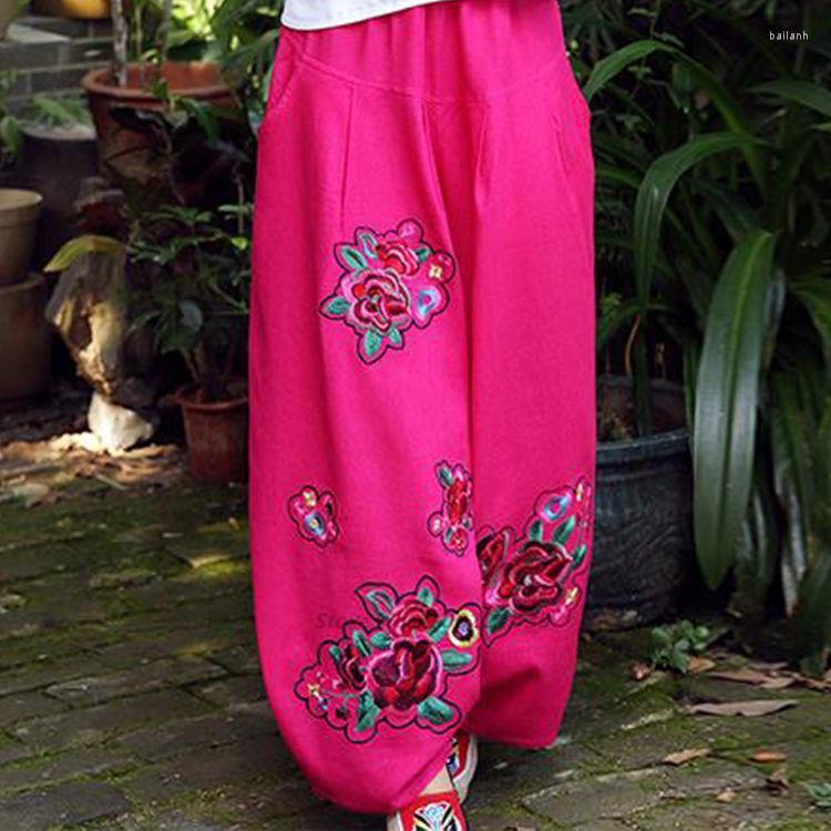 

Ethnic Clothing 2023 Traditional Chinese Vintage Pants National Flower Embroidery Harajuku Cotton Linen Casual Loose