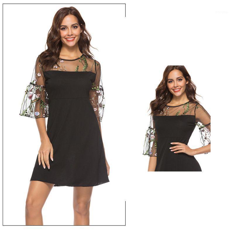 

Casual Dresses Womens Chimmo Bodycon Dress Long Pagoda Sleeve Round Neck Flowers Embroidered Party Short Fashion Mini, Black