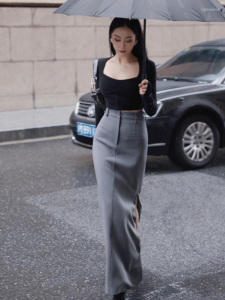 

Skirts AIGYPTOS Pencil Skirt Women Sexy Side Slit Package Hip Midi Length Fall Winter Vintage Slim Straight Wrapped, Black