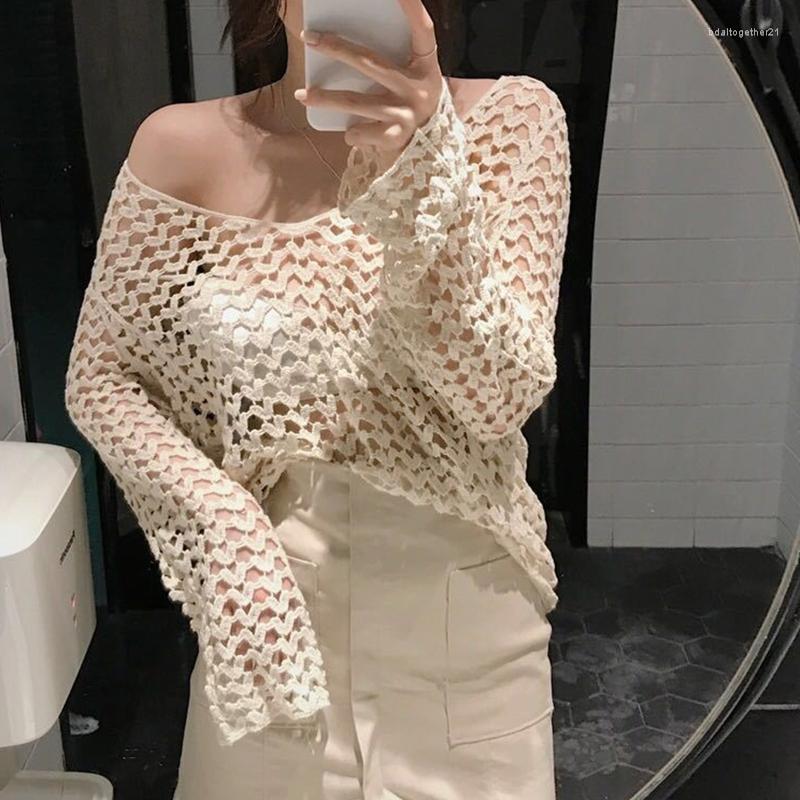 

Women's T Shirts Women Summer Flare Long Sleeve Mesh Shirt Boho Hollow Out Crochet Swimsuit Cover Up Loose Sweater Blouse Top Beachwear Y1QD, Apricot
