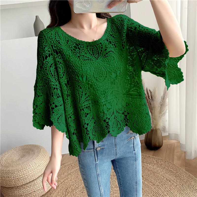 

Women's Blouses Hollow Knitted Short Top Women's Summer Loose Casual Round Neck Five-point Sleeves Printed Handmade Sweater Female, Beige