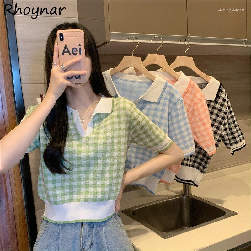

Women's T Shirts 4 Colors Knitted Short Sleeve T-shirts Women Plaid Harajuku Casual Sweet Preppy Thin Summer All-match Aesthetic Teens Tops, Black