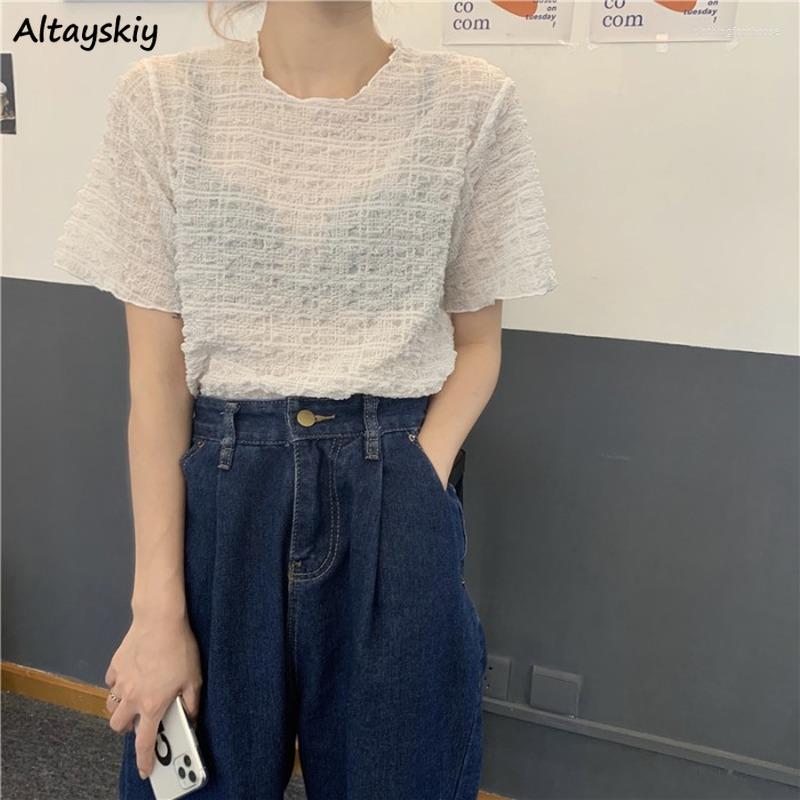 

Women's T Shirts T-shirts Women Solid Crop Tops Short Sleeve Slim Feminine Trendy Ly Ulzzang Transparent Clothing All-match Folds Summer, Pink