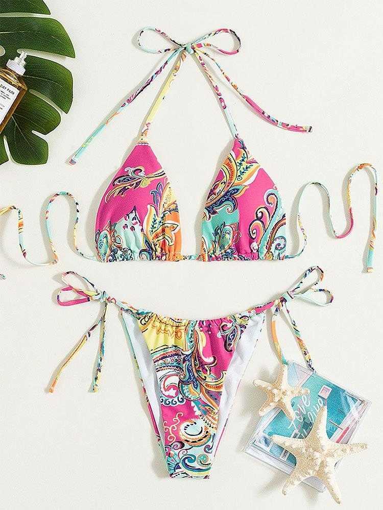 

Womens Triangle T Back Bikini Lace Up Halterneck Beach Swimsuit Sexy Suit, Printed