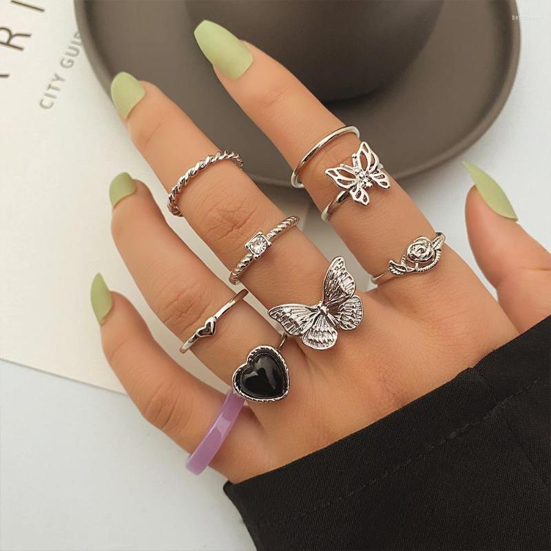 

Wedding Rings Vintage Silver Color Love Ring Set Hip Hop Aesthetic Gothic For Women Punk Chain Butterfly Fashion Jewelry 2023